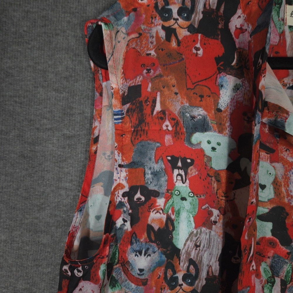 LaVieLente XL Sleeveless Dog Print Blouse Colorful Art Button Front Teacher - Picture 3 of 12
